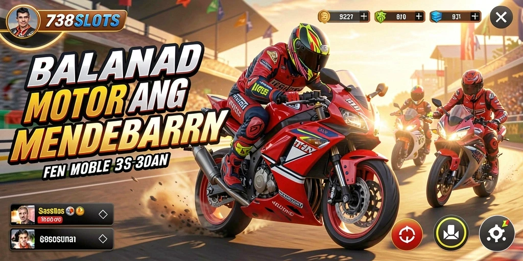 Tampilan gameplay balapan motor yang seru dan menegangkan di 738SLOTS.
