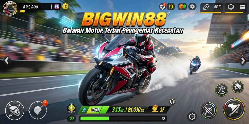 Tampilan gameplay mendebarkan di BIGWIN88 dengan balapan motor yang cepat.