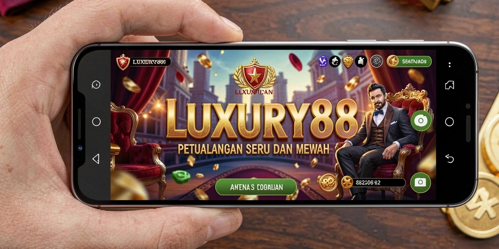 Tangkapan layar utama LUXURY88 menampilkan karakter utama menjelajahi dunia yang kaya.