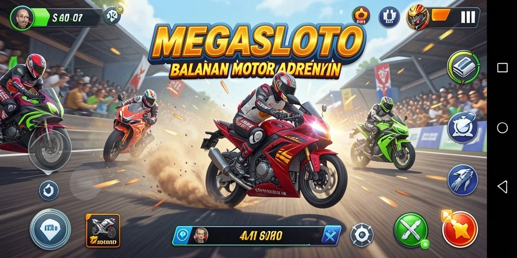 Tampilan gameplay balapan motor yang intens dan kompetitif di MEGASLOTO.