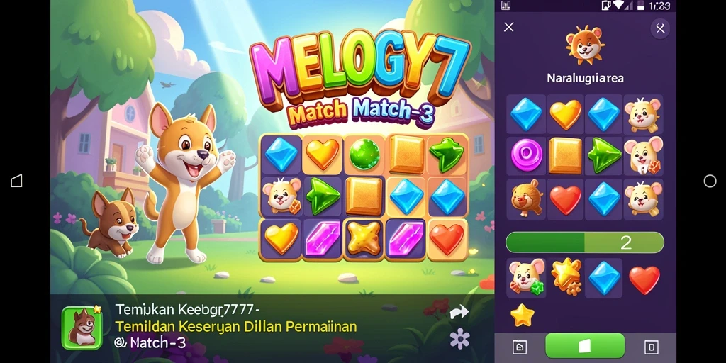 Tampilan gameplay MELODY77 dengan elemen berwarna-warni yang seru.
