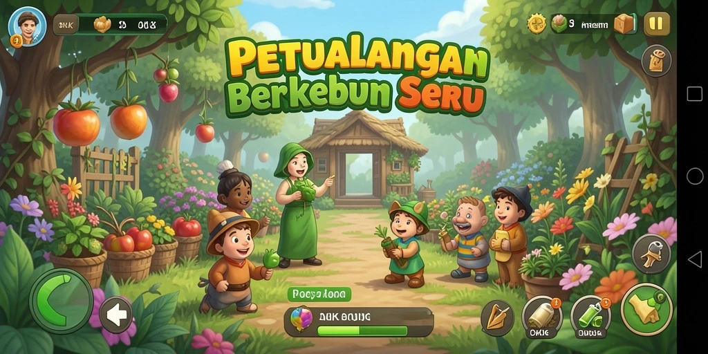 Tangkapan layar gameplay OKJK menampilkan kebun yang indah dan produktif.